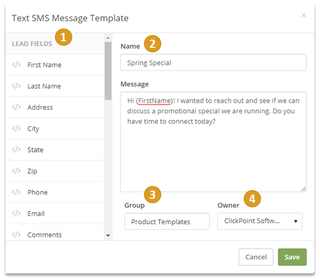 SMS Message Template Main Screen